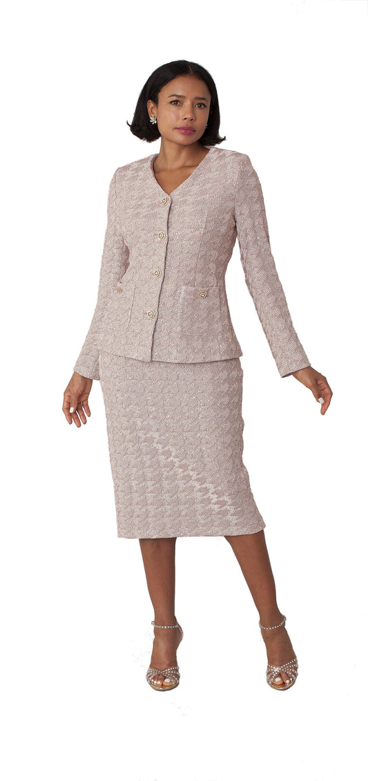 Peach textured knit two-piece midi suit with button front jacket shown from the front, tailored fit and classic silhouette by Tally Taylor
