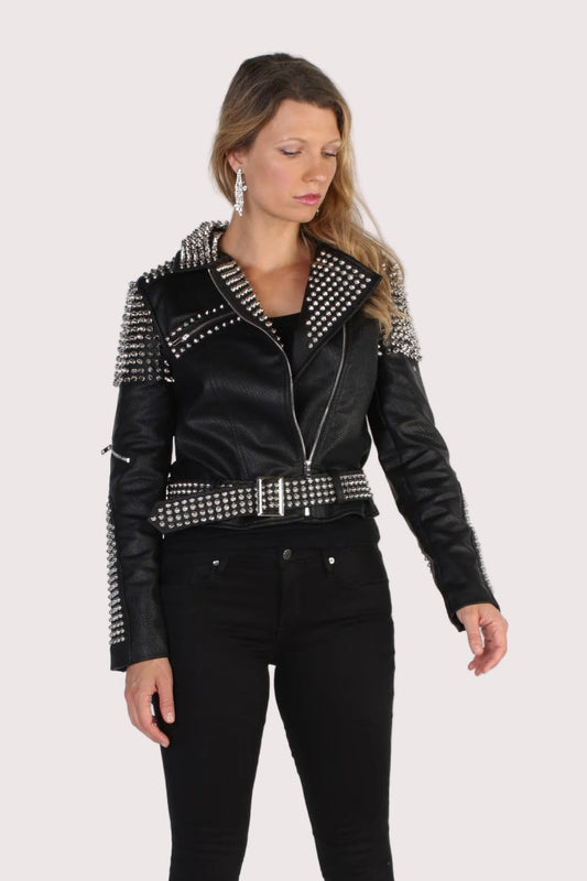 Black studded moto jacket with silver-tone studs, spikes, and asymmetrical zipper, front view, For Her NYC