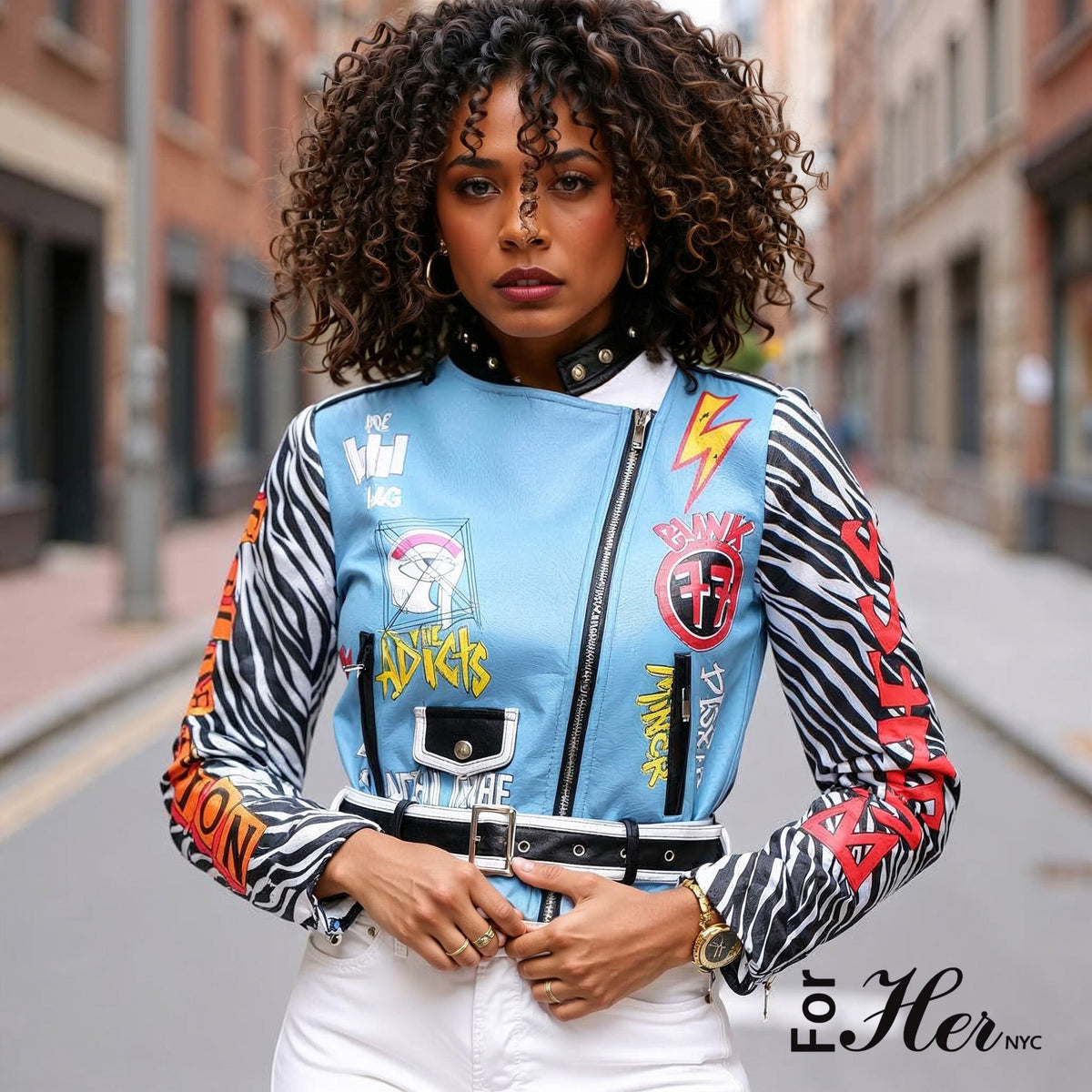 Zebra-print faux leather moto jacket with embroidered tiger graphic and stud detailing, front view, For Her NYC