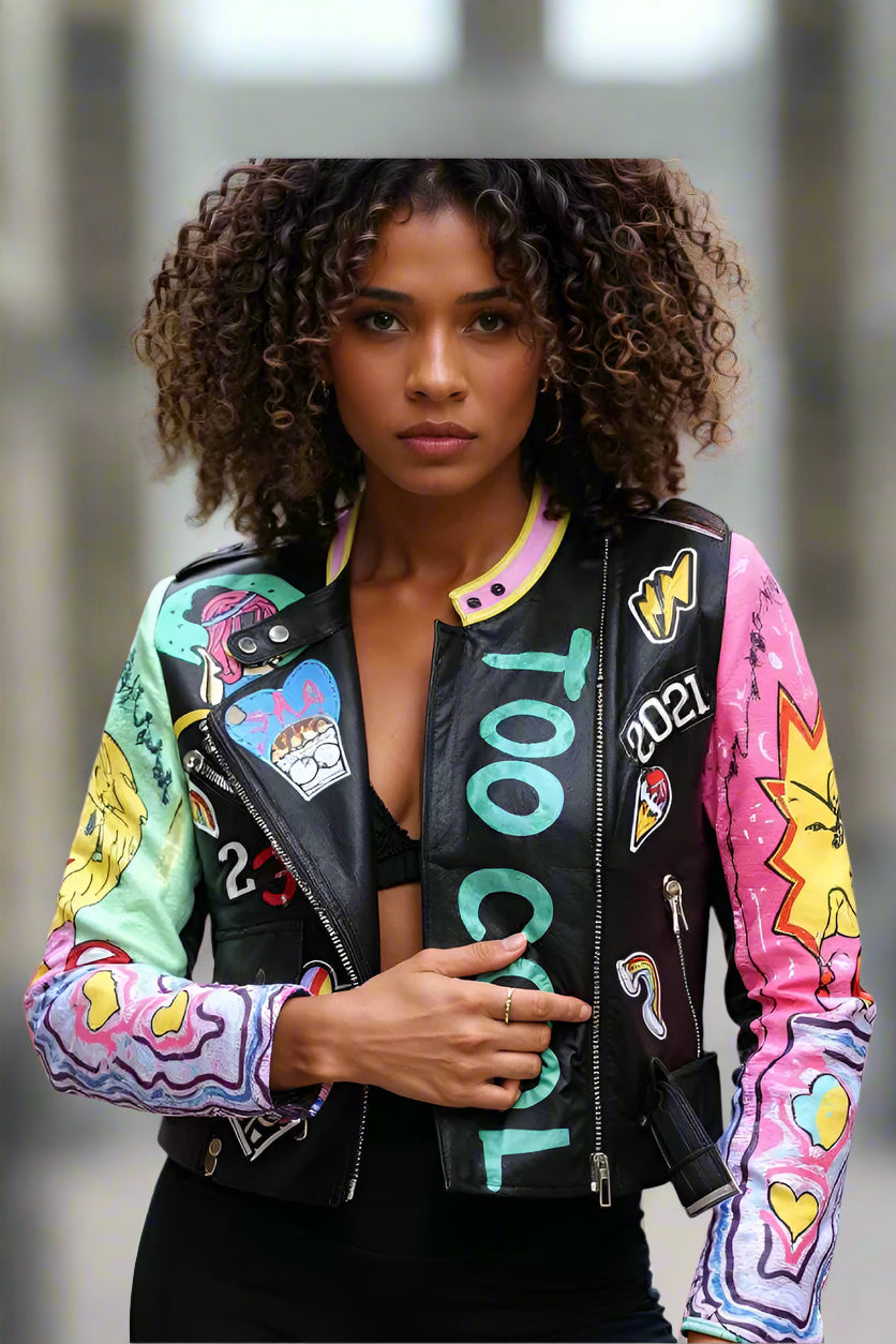 Close-up detail shot of the Vibrant Studded Leather Jacket black multi showing front text and graphic elements — For Her NYC