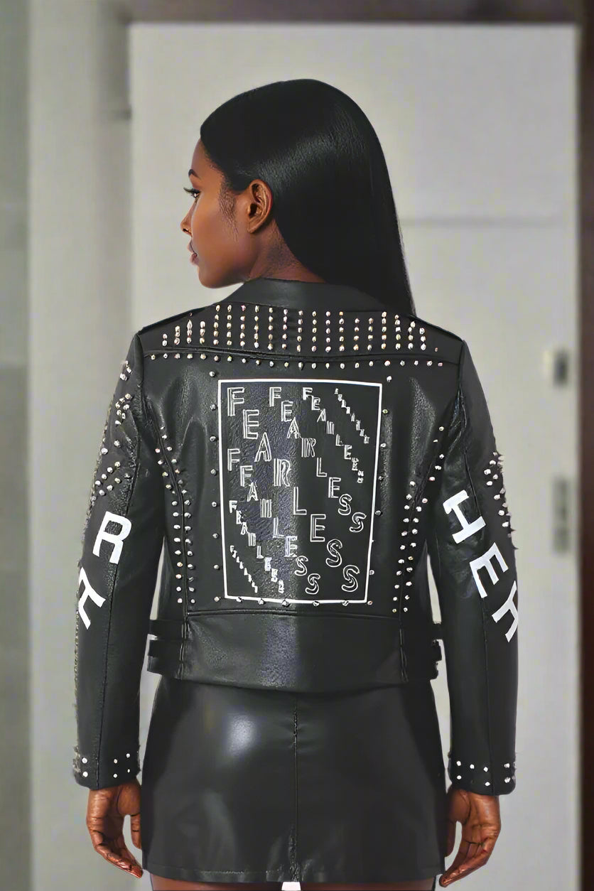 Zebra printed faux leather moto jacket showing back view with graphic detailing and moto styling, For Her NYC