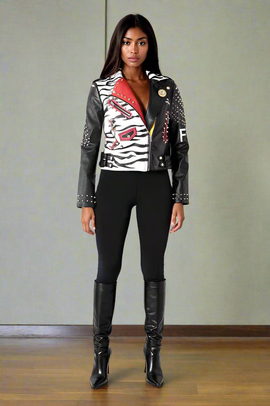 Zebra printed faux leather moto jacket with edgy urban-inspired design, front view, For Her NYC