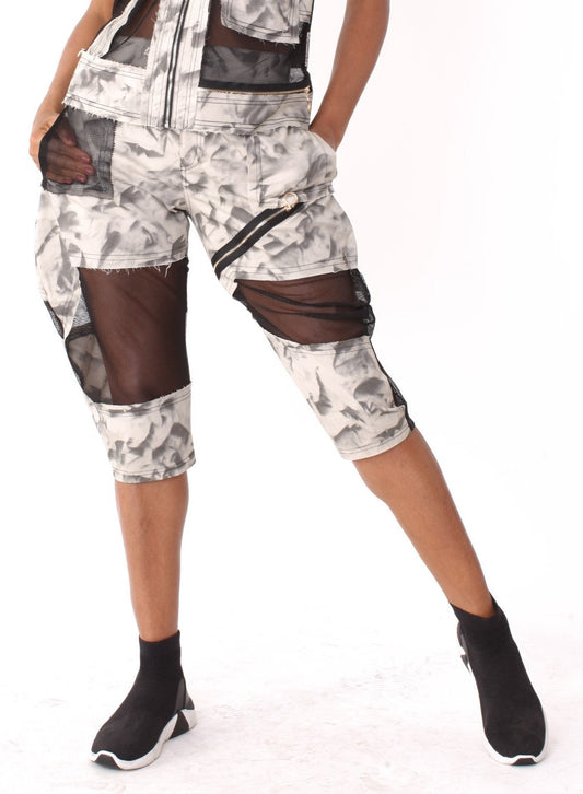 Mixed Media Printed Capris with Mesh Accents- 81910