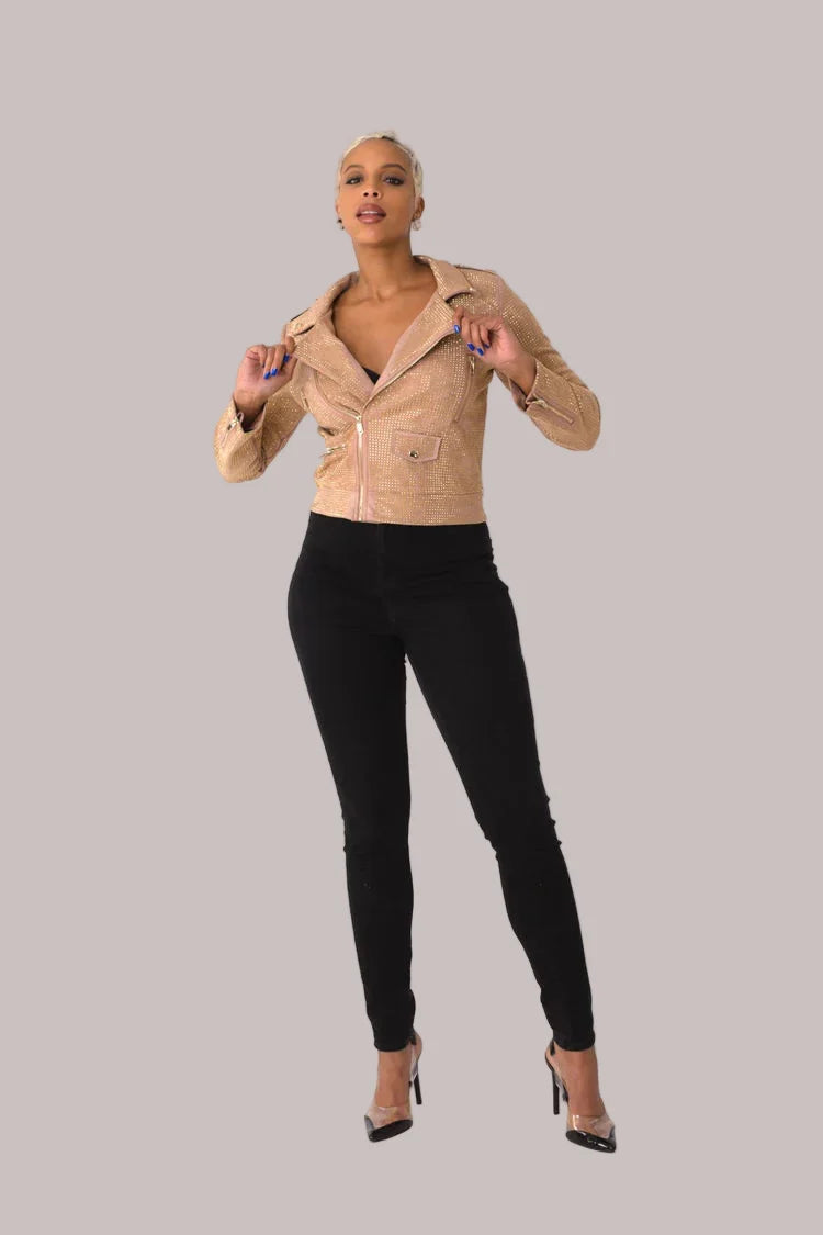Nude faux suede moto jacket with allover diamond embellishments style 82022 shown front-facing in a standing pose for a neutral glam look by For Her NYC