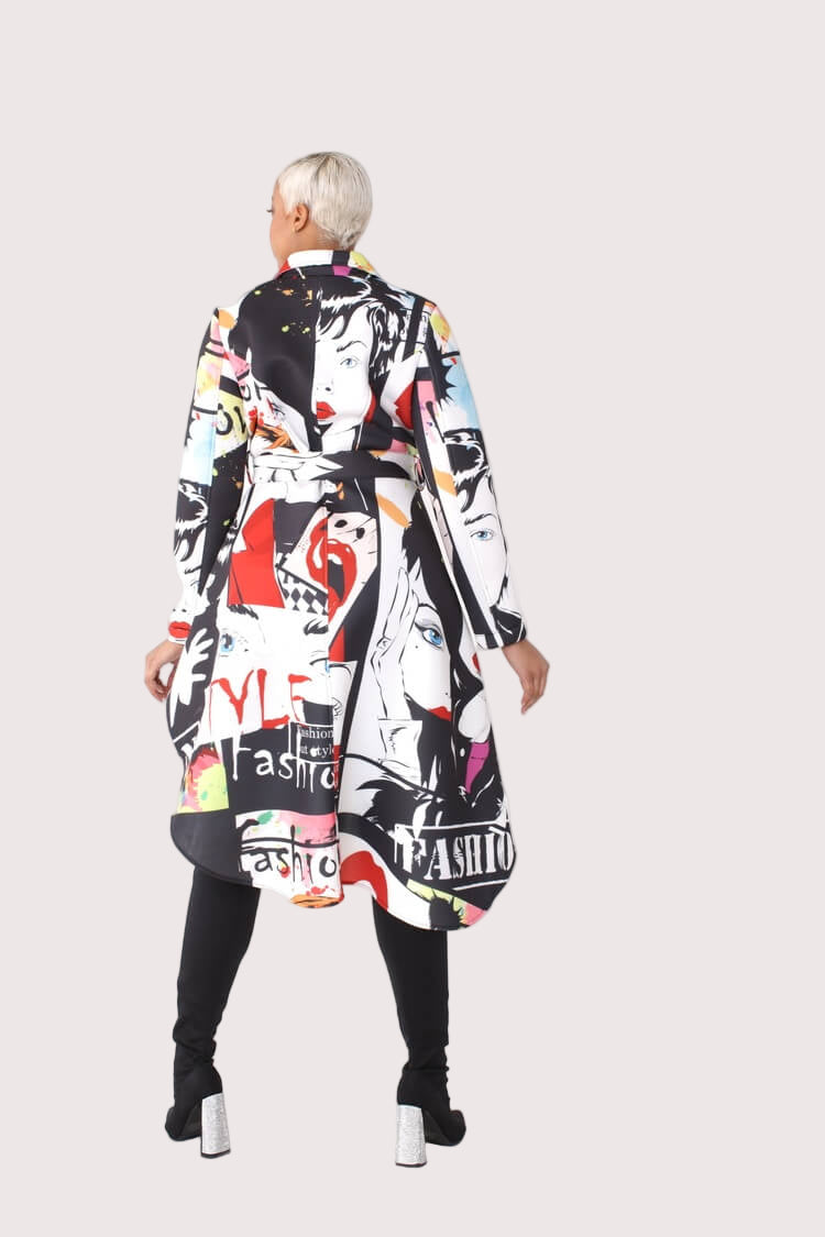 Back view of the Abstract Print Scuba Long Jacket, displaying the full abstract pattern and modern high-low design – For Her NYC