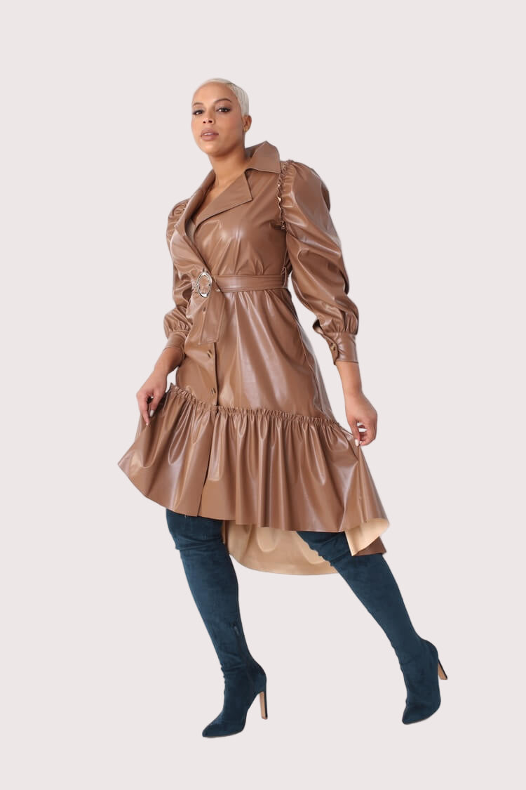 Model angled to the side in the Leather High-Low Ruffle Midi Dress, highlighting puffed sleeve and sleek faux-leather texture – For Her NYC