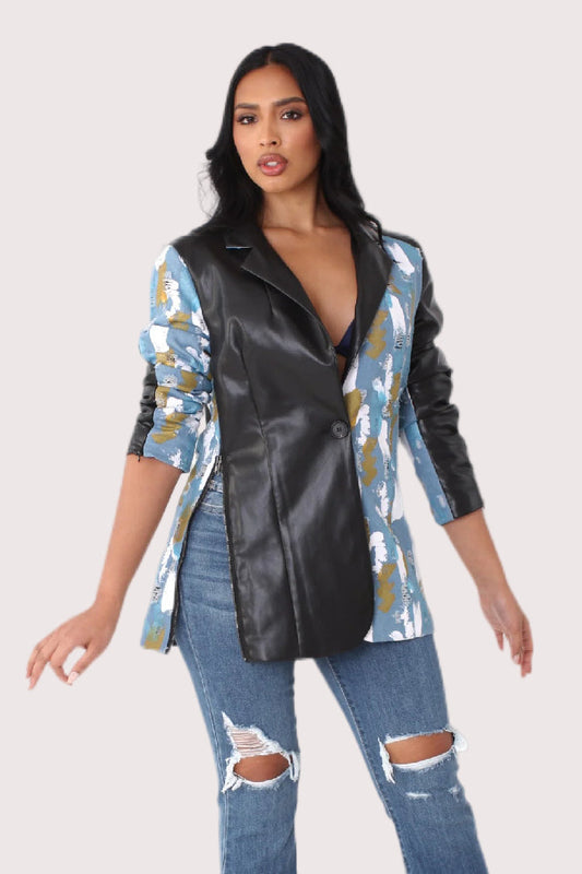 Abstract print leather blazer in denim and black with faux leather paneling styled with jeans, front view, For Her NYC