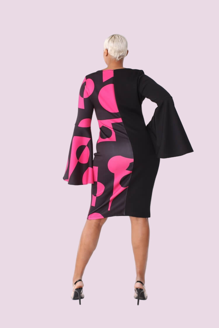 Color block bell sleeve dress style 82062 in black/pink shown front-facing in a standing pose highlighting the bold color block design by For Her NYC