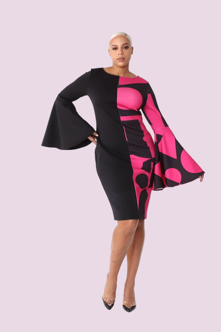Color block bell sleeve dress style 82062 in black/pink shown front-facing in a standing pose, highlighting the bold color block design by For Her NYC