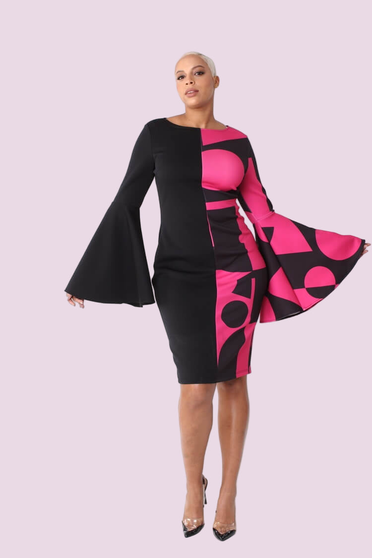 Color block bell sleeve dress style 82062 in black/pink shown with arm movement, highlighting the dramatic bell sleeves and print contrast by For Her NYC