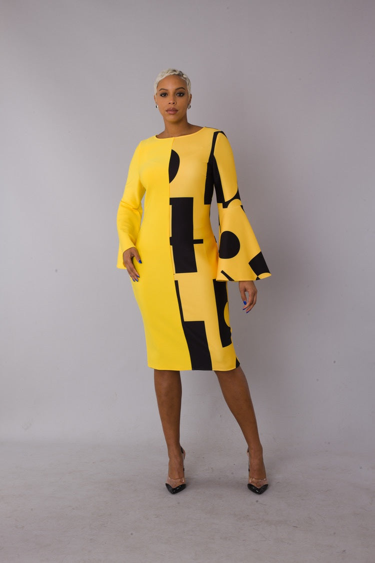 Color block bell sleeve dress style 82062 in yellow/black shown in a full-body standing pose, emphasizing the silhouette and contrast design by For Her NYC
