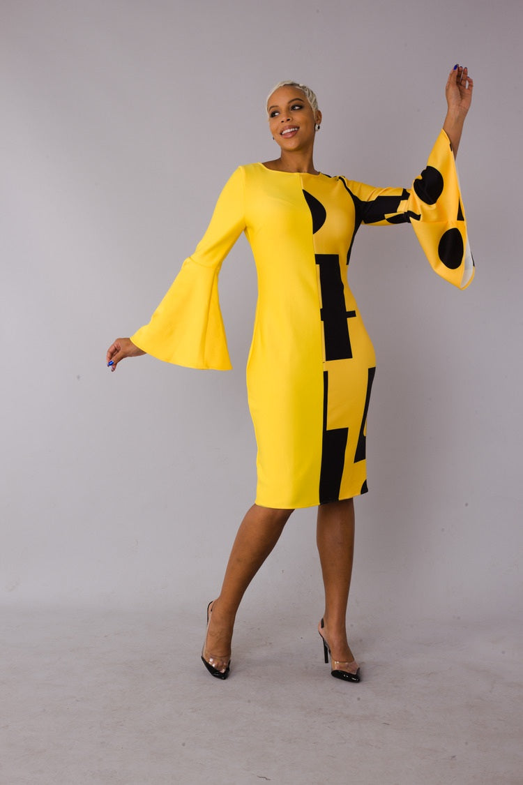 Color block bell sleeve dress style 82062 in yellow/black shown with arm movement highlighting the flared bell sleeves and color blocking by For Her NYC