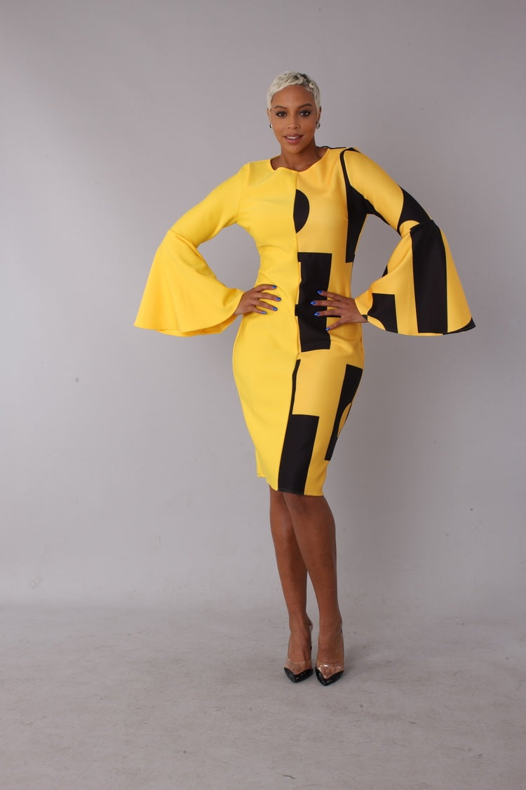 82062-yellow/black Front view of model wearing a yellow and black geometric bell-sleeve midi dress, For Her NYC