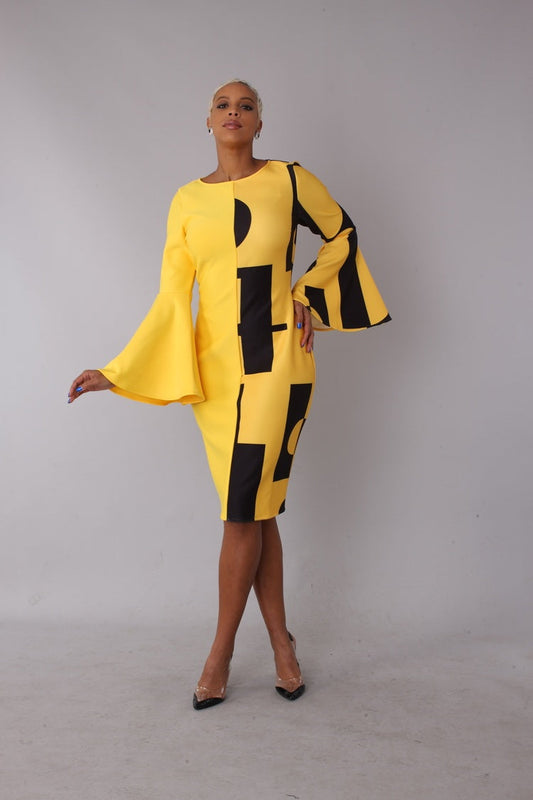 82062-yellow/black Front view of model wearing a yellow and black geometric bell-sleeve midi dress, For Her NYC