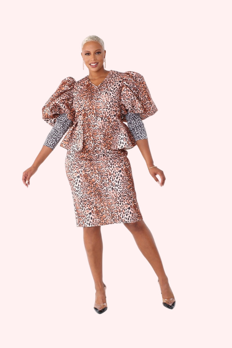 Front view of leopard print puff-sleeve peplum midi dress — For Her NYC