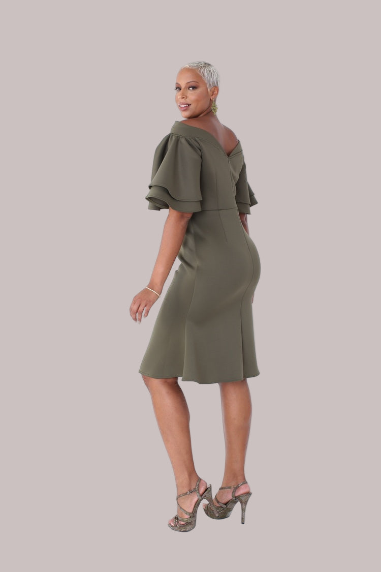 Back view of hunter green tiered bell-sleeve midi dress — For Her NYC