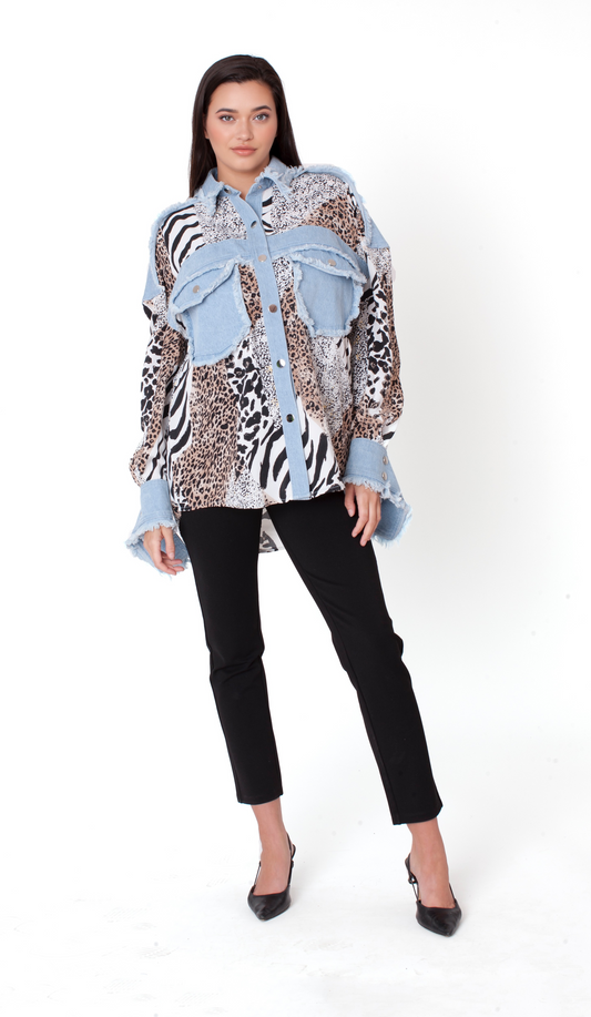Mixed Animal Print Denim Detail Shirt - 82157