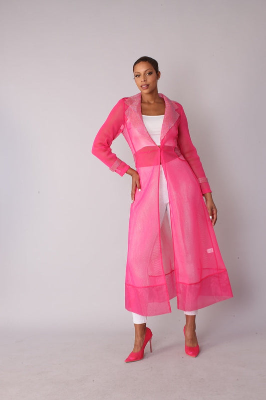 Pink rhinestone mesh duster jacket style 82213 shown front-facing in a standing pose highlighting the floor-length silhouette and sheer mesh design by For Her NYC