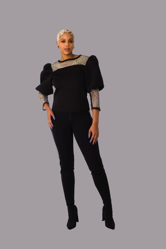 Rhinestone mesh yoke puff sleeve top style 82233 in black shown front-facing in a standing pose highlighting the sheer yoke and puff sleeve detail by For Her NYC