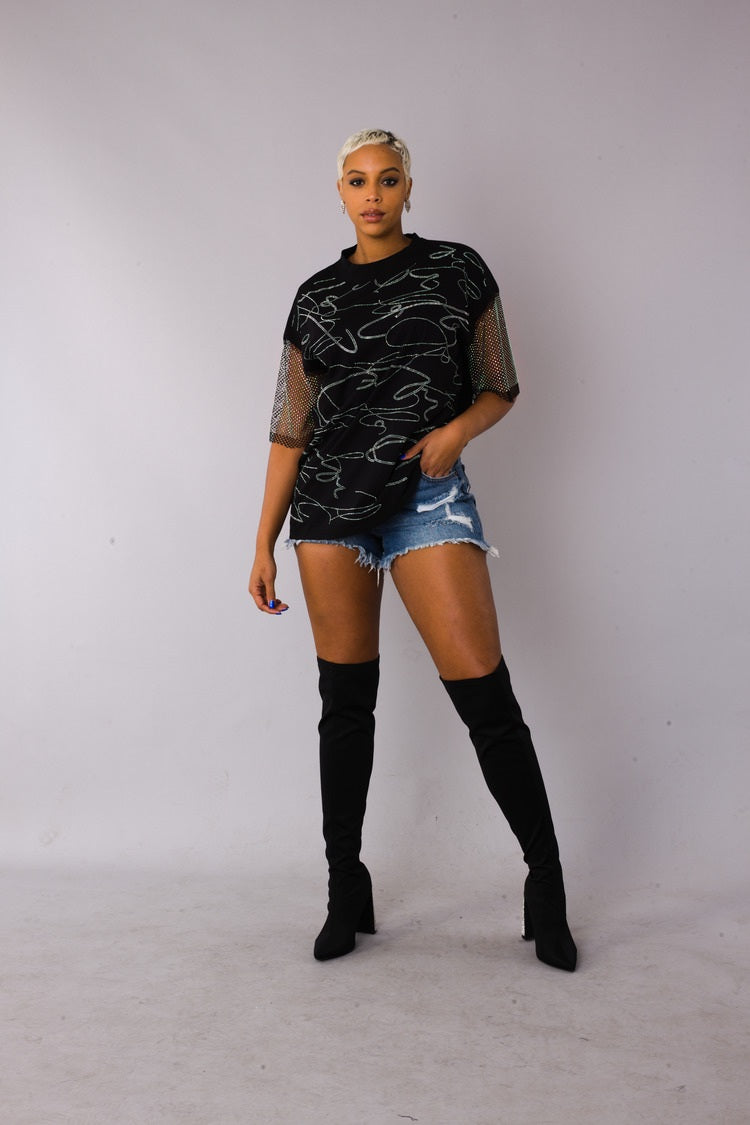 Rhinestone script mesh sleeve top style 82235 in black shown front-facing in a standing pose highlighting the rhinestone script detail and mesh sleeves by For Her NYC