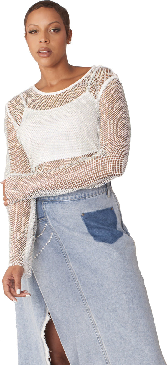 82249-white Front view of model wearing a white open-knit long-sleeve top, For Her NYC