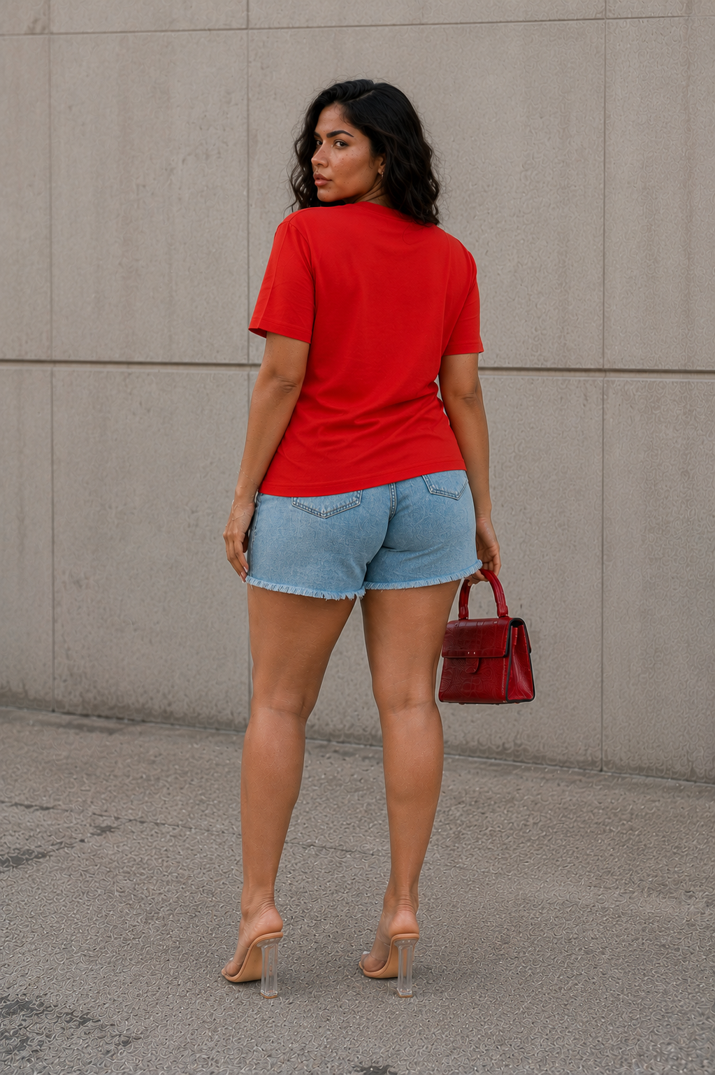 Coral graphic tee featuring a glamorous fashion illustration with glitter embellishments modeled with jean shorts in a studio back pose For Her NYC
