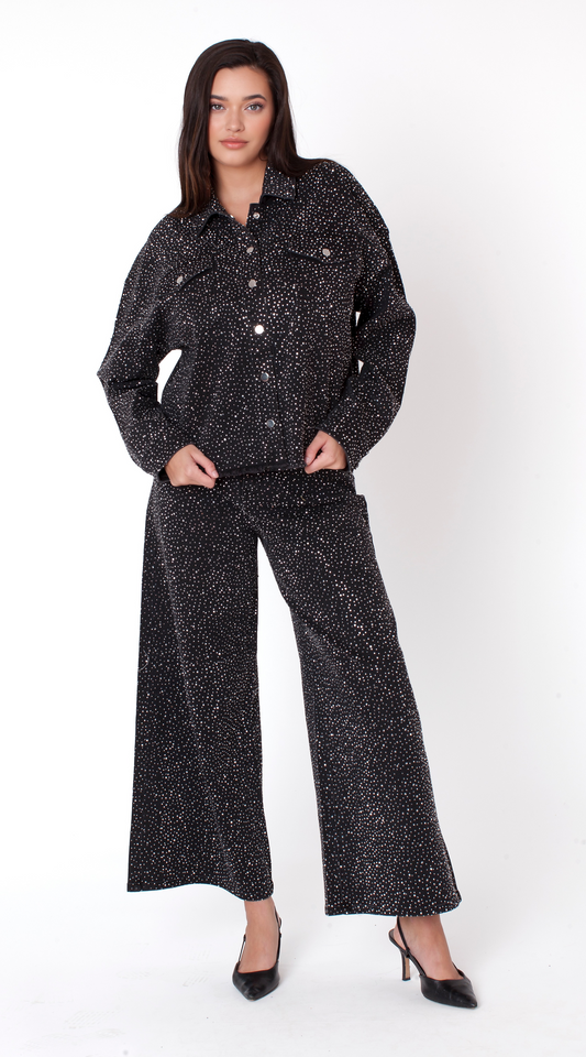 82396- BLACK / DENIM Front view of model wearing a black printed matching shirt and wide-leg pants set, For Her NYC