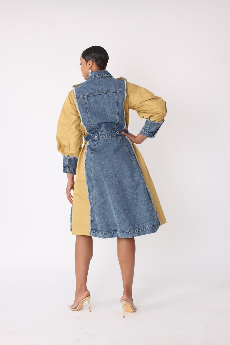 Back view of two tone denim dress showing denim and khaki contrast panels, For Her NYC
