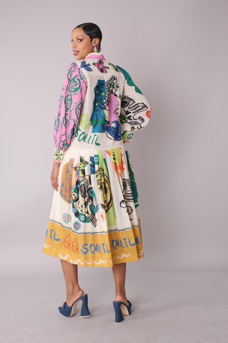 Back view of artistic print shirt dress highlighting full print and tiered skirt, For Her NYC

