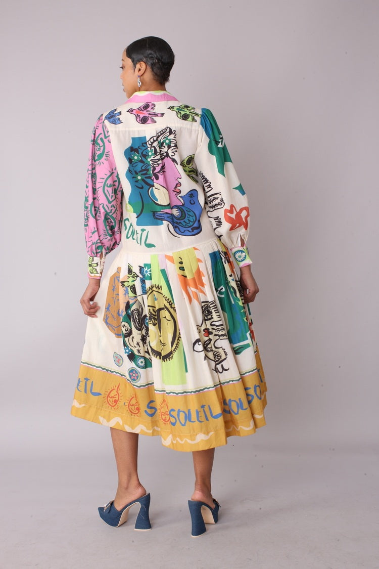 Back view of artistic print shirt dress highlighting full print and tiered skirt, For Her NYC