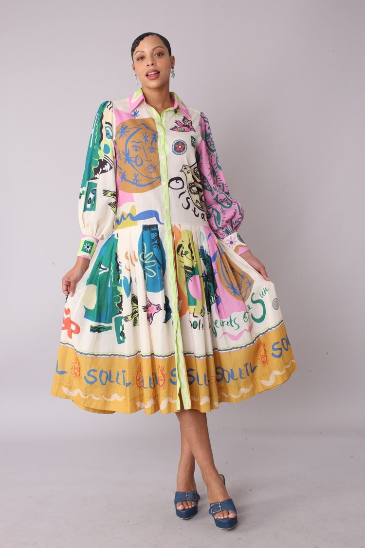 Model wearing artistic print shirt dress in multi print, front standing pose, For Her NYC