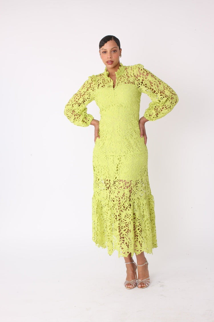 Chartreuse lace midi dress with high neckline, balloon sleeves, and scalloped hem, For Her NYC
