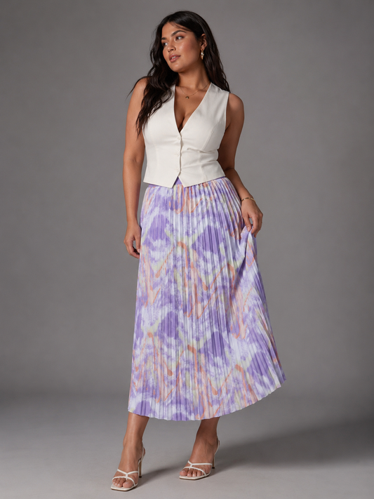 Watercolor print pleated maxi skirt in purple multi, model standing front view, For Her NYC