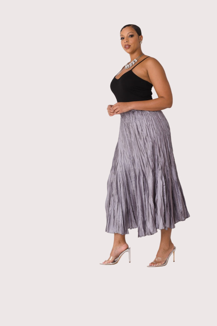 Elastic waist crinkle maxi skirt in grey, side profile shown, For Her NYC