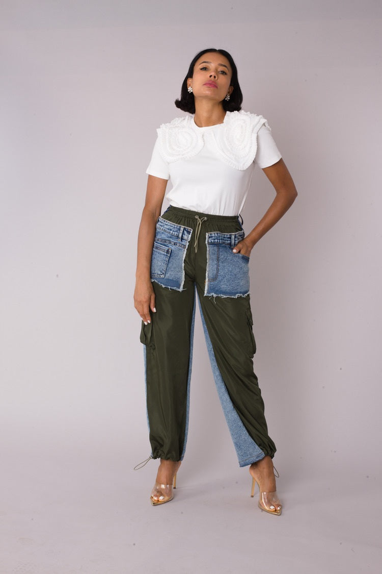 Olive denim hybrid cargo joggers shown in front standing pose with mixed denim and cargo panels by For Her NYC