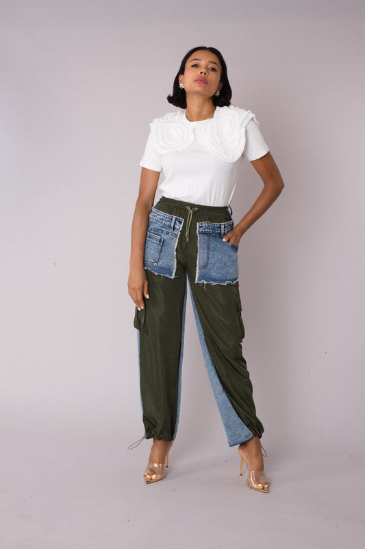 Olive denim hybrid cargo joggers shown in front standing pose with mixed denim and cargo panels by For Her NYC
