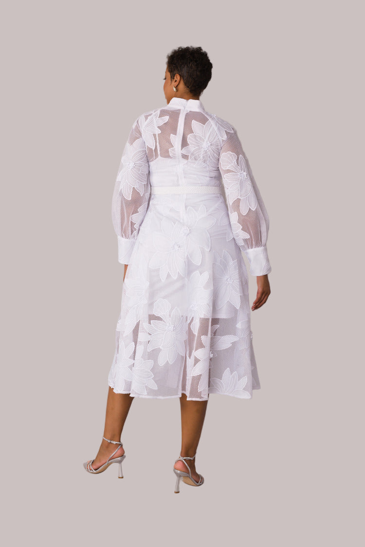 White floral mesh two-piece dress set shown in back view displaying sheer mesh overlay by For Her NYC