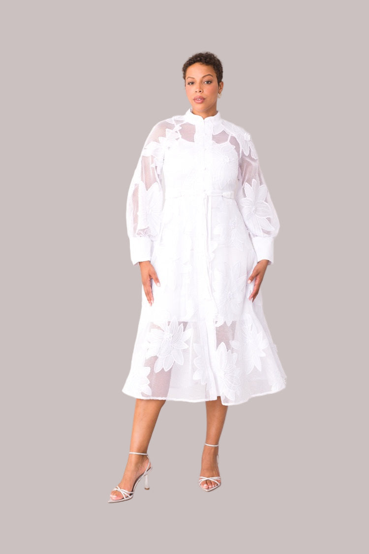 White floral mesh two-piece dress set shown in front standing pose with sheer overlay by For Her NYC