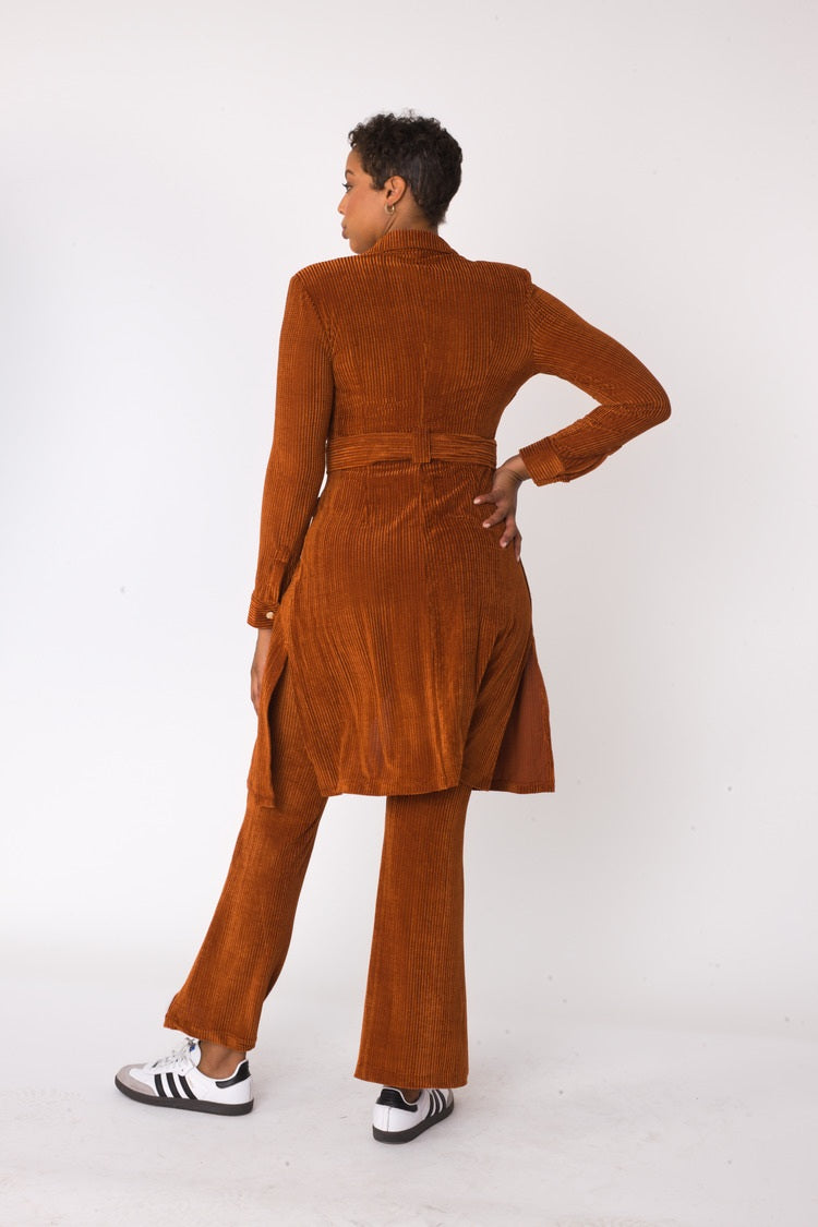 Brown luxe corduroy three piece set shown in side view pose with hand on hip by For Her NYC