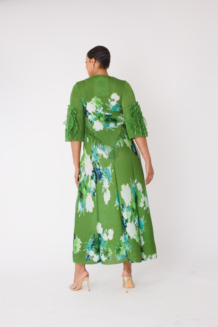GREEN/MULTI Floral print pleated midi dress in green multi shown from back view by For Her NYC