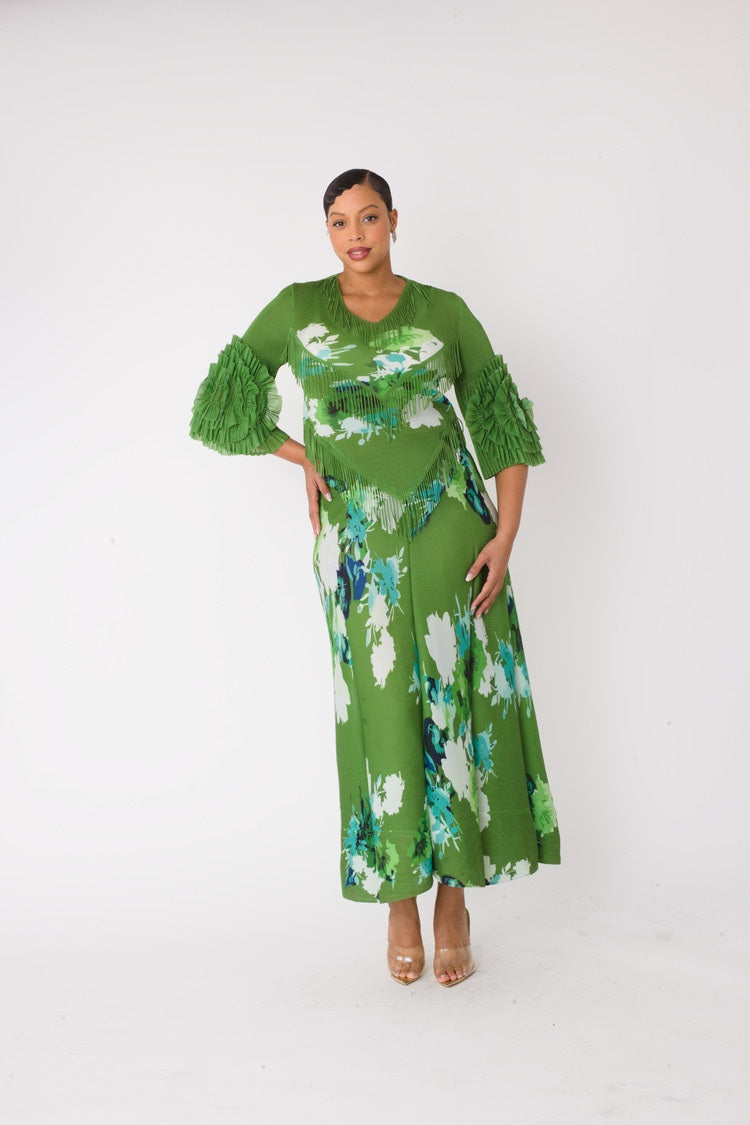 GREEN/MULTI Floral print pleated midi dress in green multi shown in front standing pose by For Her NYC