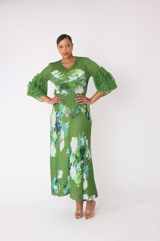 GREEN/MULTI Floral print pleated midi dress in green multi with hands on hips front pose by For Her NYC
