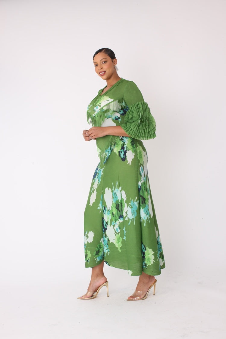 GREEN/MULTI Floral print pleated midi dress in green multi shown from side view by For Her NYC