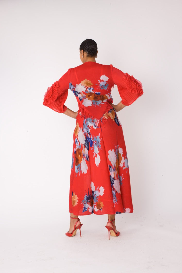 RED MULTI Floral print pleated midi dress in red multi shown from back view by For Her NYC
