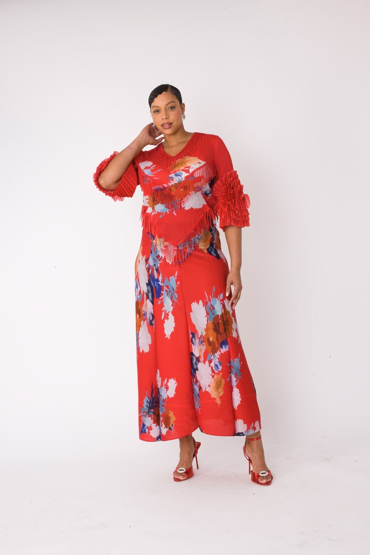 RED MULTI Floral print pleated midi dress in red multi shown in front standing pose by For Her NYC