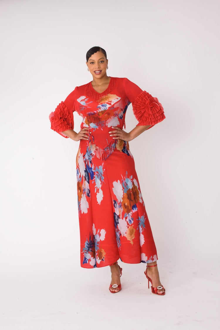 RED MULTI Floral print pleated midi dress in red multi with hands on hips front pose by For Her NYC