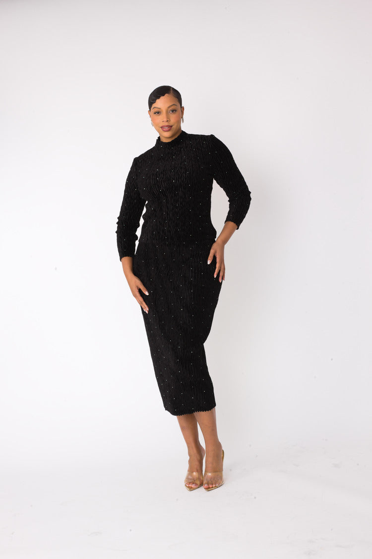 Black velvet midi skirt set featuring elegant velvet texture and body-skimming fit, alternate front pose, For Her NYC