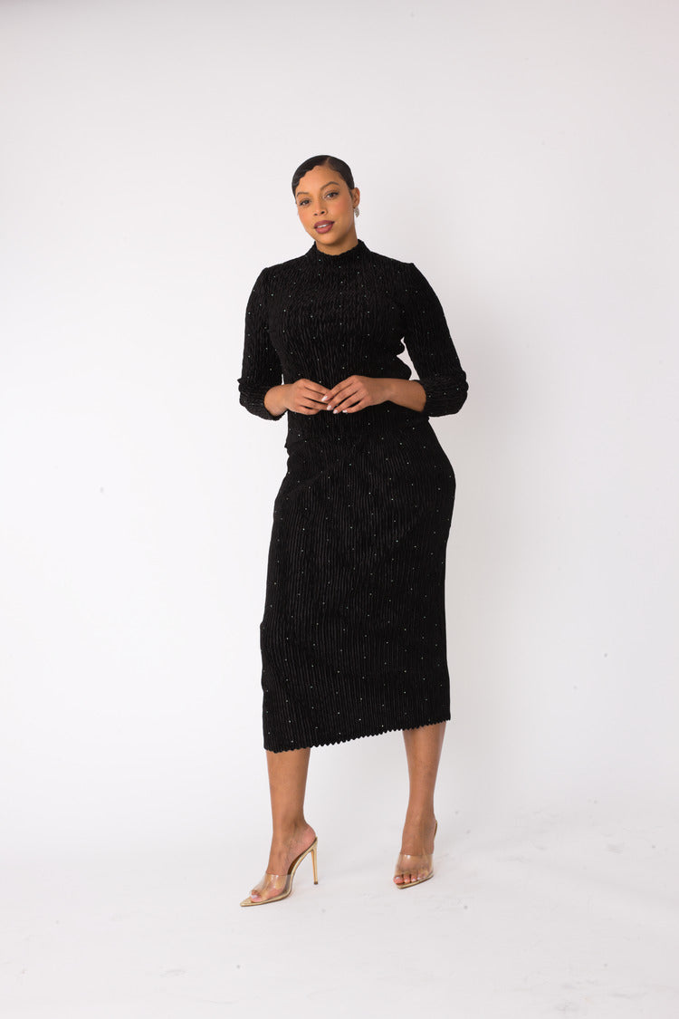 Black velvet midi skirt set with long sleeve mock neck top and form-fitting skirt, front view, For Her NYC