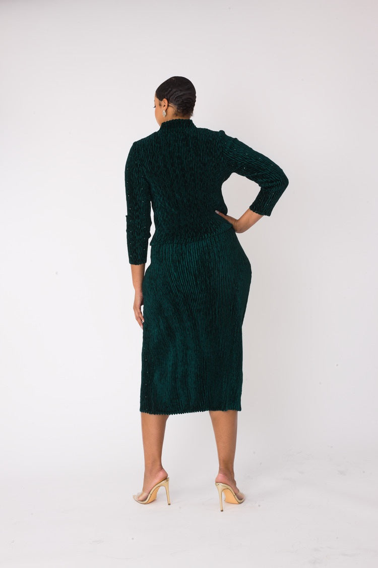 Emerald velvet midi skirt set showing back view of long sleeve mock neck top and skirt, For Her NYC