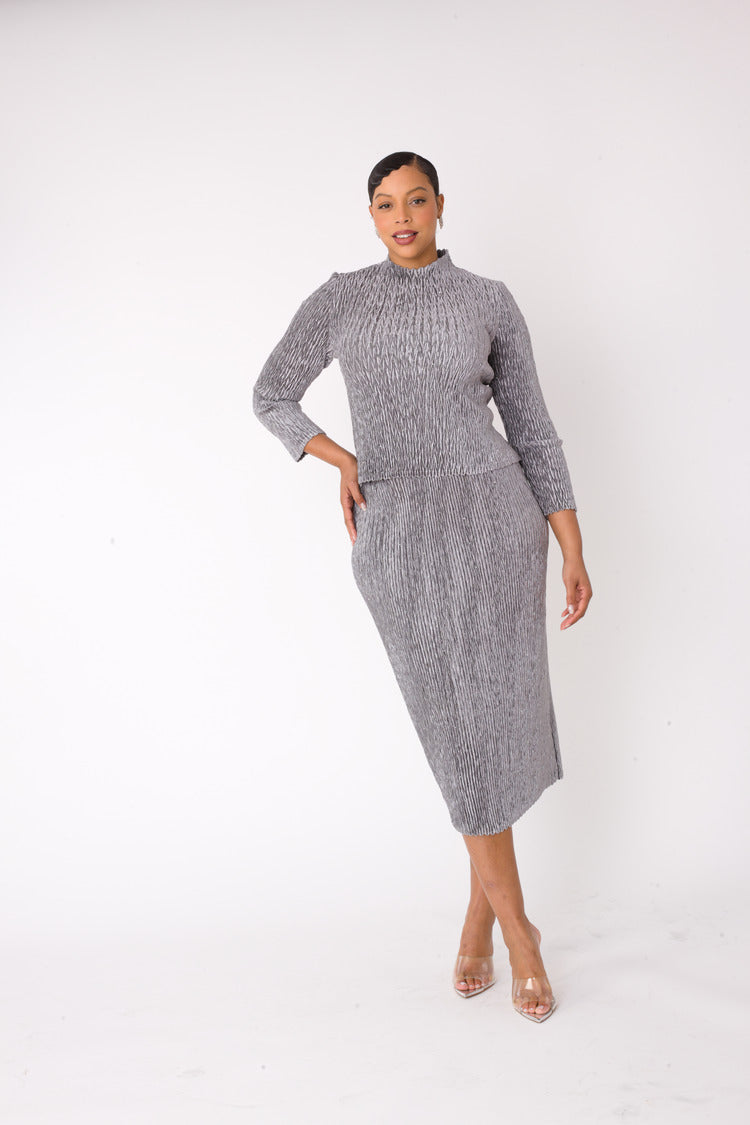 Grey velvet midi skirt set with long sleeve mock neck top and midi skirt, alternate front pose, For Her NYC